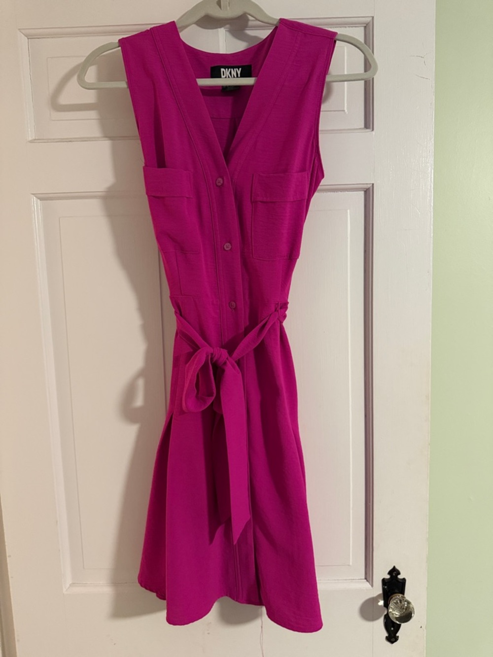 DKNY Fuchsia Sleeveless Button-Front Midi Dress with Tie Waist